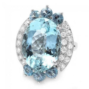 12.50 Carats Natural Aquamarine and Diamond 14K Solid White Gold Ring
