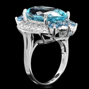 12.50 Carats Natural Aquamarine and Diamond 14K Solid White Gold Ring