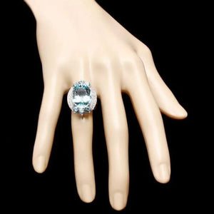 12.50 Carats Natural Aquamarine and Diamond 14K Solid White Gold Ring