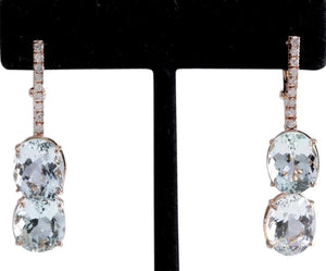 Exquisite 21.79 Carats Natural Aquamarine and Diamond 14K Solid Rose Gold Earrings