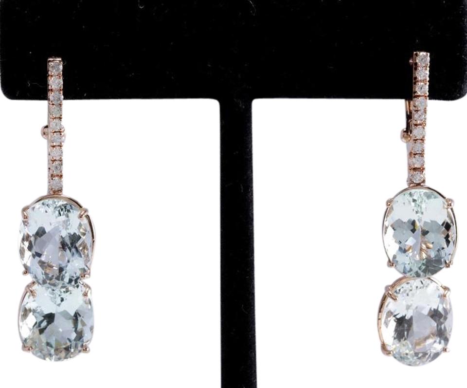Exquisite 21.79 Carats Natural Aquamarine and Diamond 14K Solid Rose Gold Earrings
