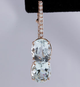 Exquisite 21.79 Carats Natural Aquamarine and Diamond 14K Solid Rose Gold Earrings