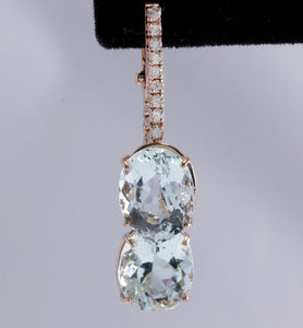 Exquisite 21.79 Carats Natural Aquamarine and Diamond 14K Solid Rose Gold Earrings