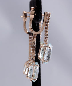 Exquisite 21.79 Carats Natural Aquamarine and Diamond 14K Solid Rose Gold Earrings