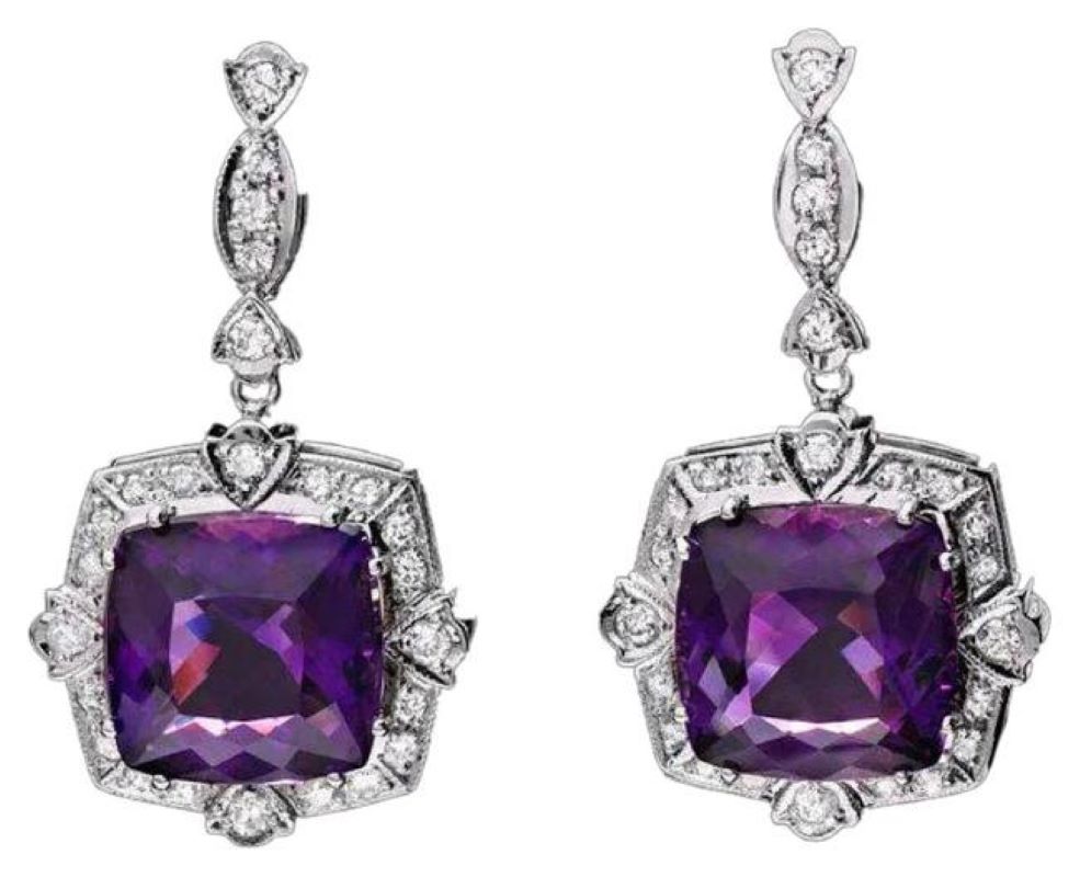22.70ct Natural Amethyst and Diamond 14K Solid White Gold Earrings