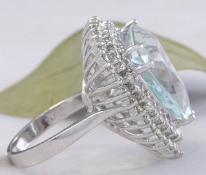 17.22 Carats Natural Very Nice Looking Aquamarine and Diamond 14K Solid White Gold Ring