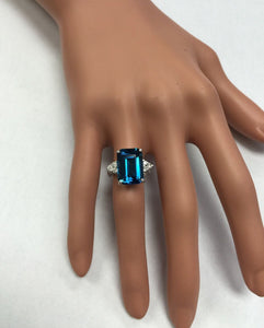 8.85 Carats Natural Impressive London Blue Topaz and Diamond 14K White Gold Ring