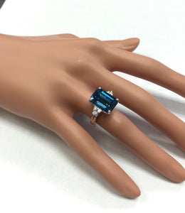 8.85 Carats Natural Impressive London Blue Topaz and Diamond 14K White Gold Ring