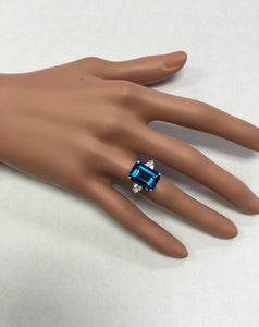 8.85 Carats Natural Impressive London Blue Topaz and Diamond 14K White Gold Ring