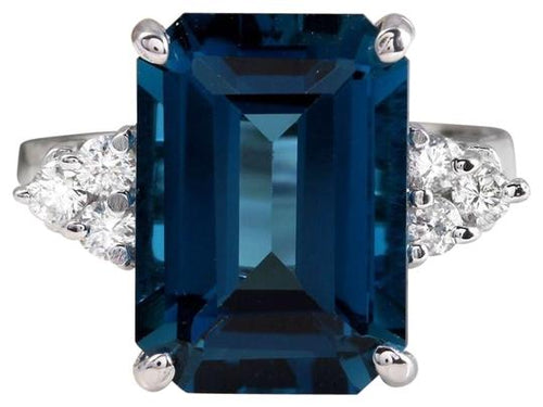 8.85 Carats Natural Impressive London Blue Topaz and Diamond 14K White Gold Ring