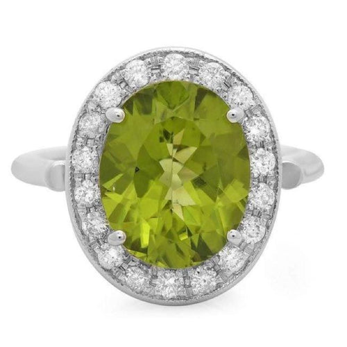 5.40 Carats Natural Peridot and Diamond 14k Solid White Gold Ring