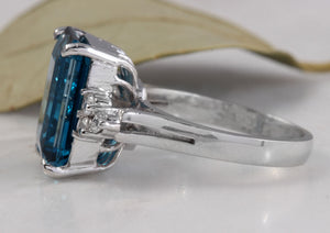 8.85 Carats Natural Impressive London Blue Topaz and Diamond 14K White Gold Ring