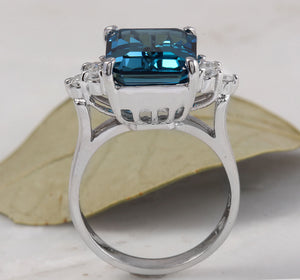 8.85 Carats Natural Impressive London Blue Topaz and Diamond 14K White Gold Ring