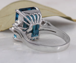 8.85 Carats Natural Impressive London Blue Topaz and Diamond 14K White Gold Ring