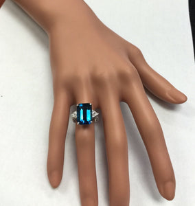 8.85 Carats Natural Impressive London Blue Topaz and Diamond 14K White Gold Ring