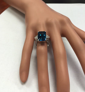 8.85 Carats Natural Impressive London Blue Topaz and Diamond 14K White Gold Ring
