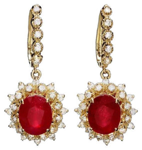 11.40Ct Natural Ruby and Diamond 14K Solid Yellow Gold Earrings