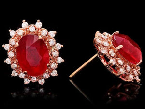 12.10Ct Natural Ruby and Diamond 14K Solid Rose Gold Earrings