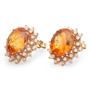 12.30Ct Natural Citrine and Diamond 14K Solid Rose Gold Earrings