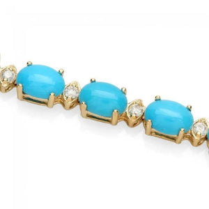 12.50 Natural Turquoise and Diamond 14K Solid Yellow Gold Bracelet
