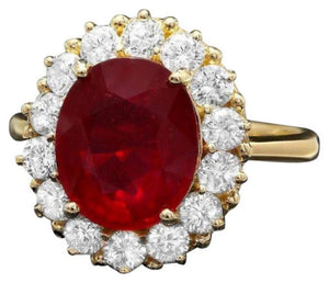 5.70 Carats Red Ruby and Natural Diamond 14k Solid Yellow Gold Ring
