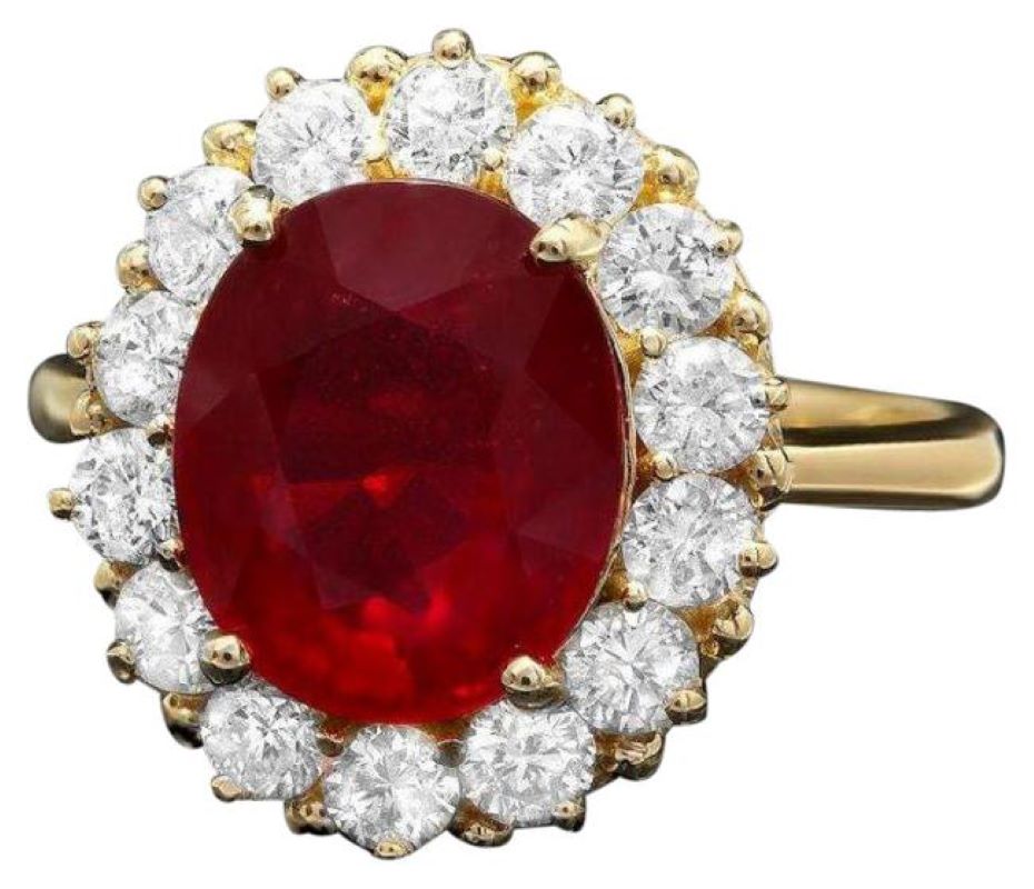 5.70 Carats Red Ruby and Natural Diamond 14k Solid Yellow Gold Ring