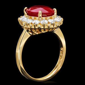 5.70 Carats Red Ruby and Natural Diamond 14k Solid Yellow Gold Ring