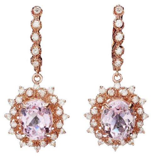 10.40ct Natural Kunzite and Diamond 14K Solid Rose Gold Earrings