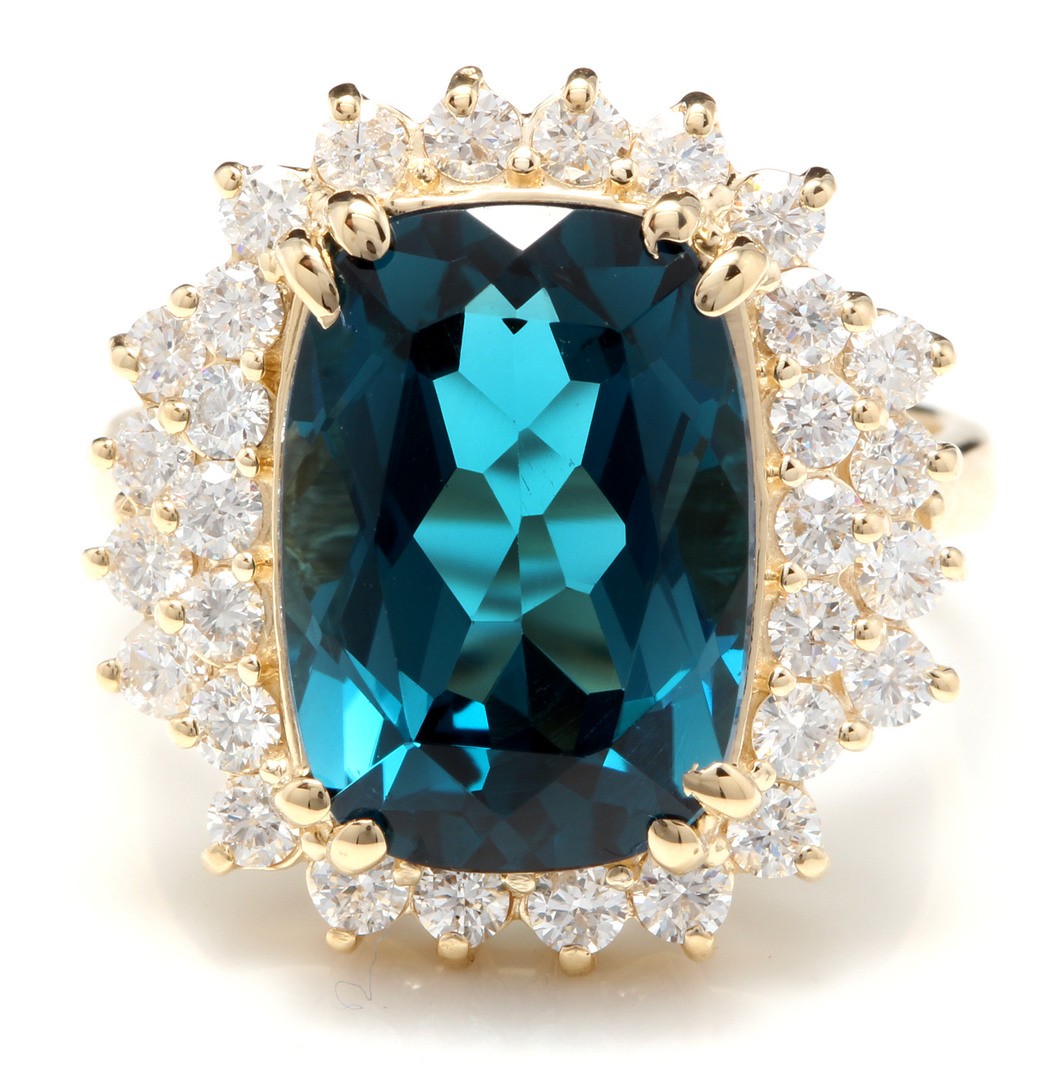 10.15 Carats Natural Impressive London Blue Topaz and Diamond 14K Yellow Gold Ring