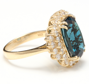 10.15 Carats Natural Impressive London Blue Topaz and Diamond 14K Yellow Gold Ring