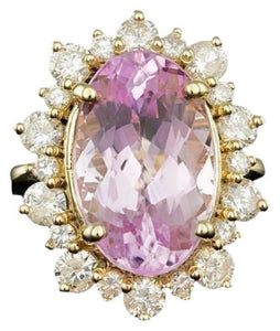 11.30 Carats Natural Kunzite and Diamond 14K Solid Yellow Gold Ring