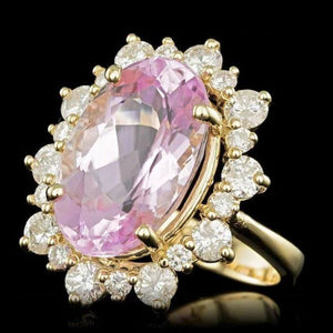 11.30 Carats Natural Kunzite and Diamond 14K Solid Yellow Gold Ring