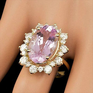 11.30 Carats Natural Kunzite and Diamond 14K Solid Yellow Gold Ring