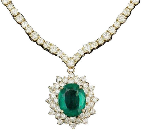 17.60Ct Natural Emerald & Diamond 18K Solid Yellow Gold Necklace