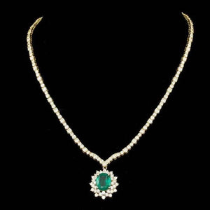 17.60Ct Natural Emerald & Diamond 18K Solid Yellow Gold Necklace
