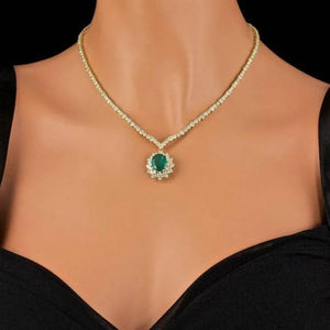 17.60Ct Natural Emerald & Diamond 18K Solid Yellow Gold Necklace