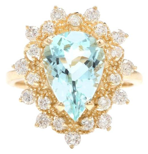 3.85 Carats Natural Gorgeous Aquamarine and Diamond 14K Solid Yellow Gold Ring
