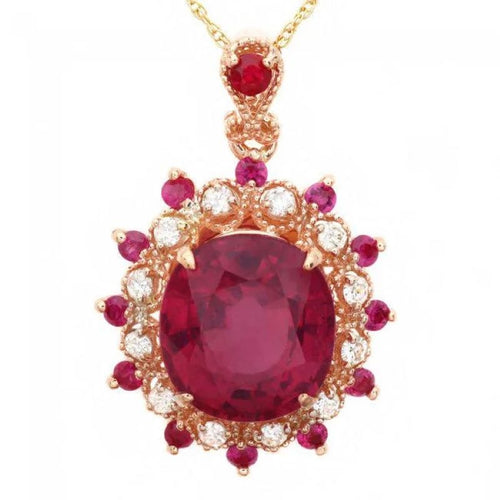 7.30Ct Natural Red Ruby and Diamond 14K Solid Rose Gold Pendant