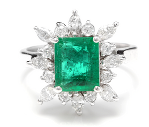 4.30 Carats Natural Emerald and Diamond 14K Solid White Gold Ring