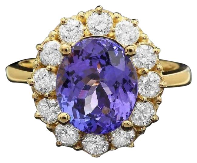 4.00 Carats Natural Tanzanite and Diamond 14K Solid Yellow Gold Ring