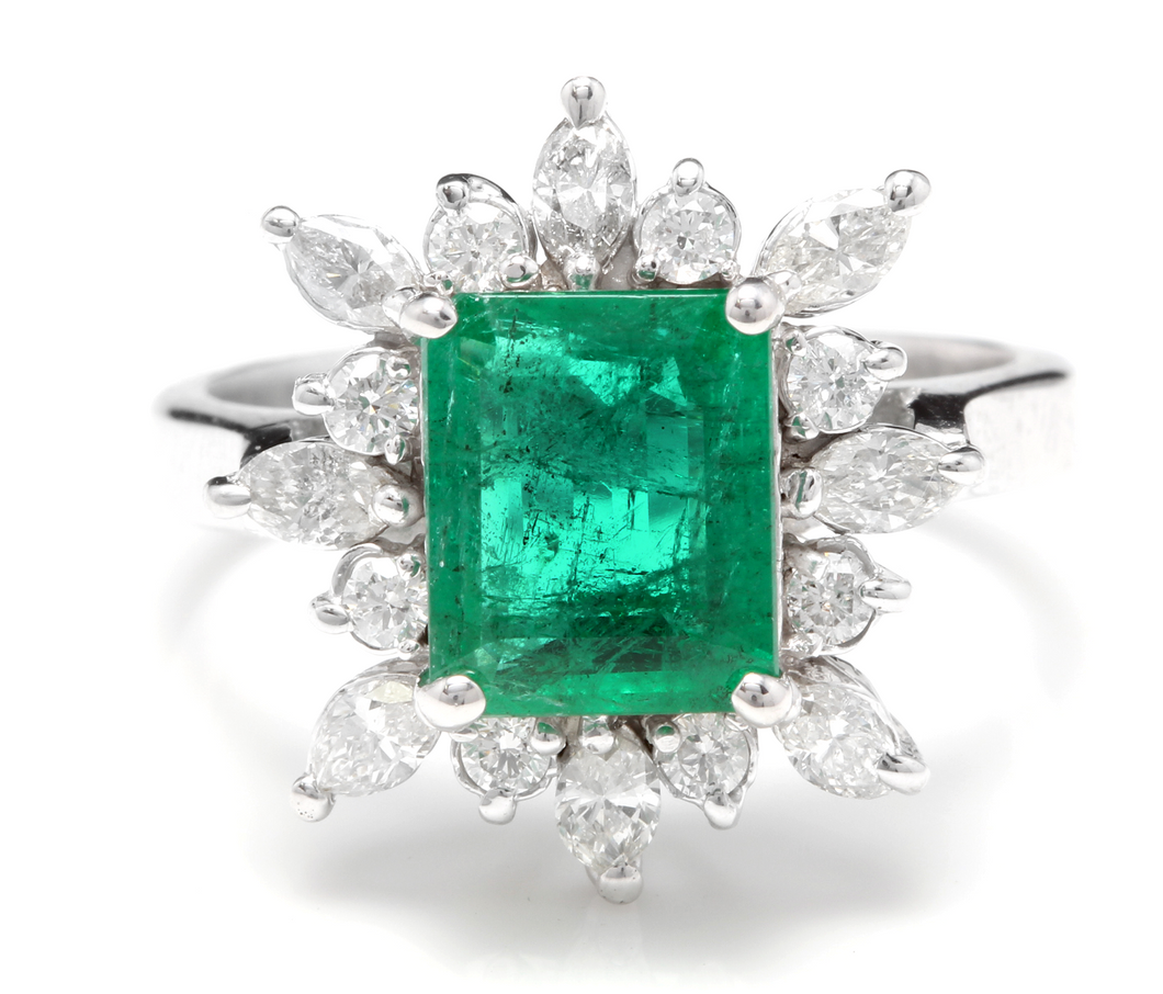 4.30 Carats Natural Emerald and Diamond 14K Solid White Gold Ring