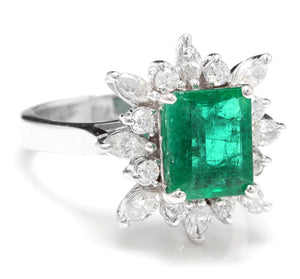 4.30 Carats Natural Emerald and Diamond 14K Solid White Gold Ring