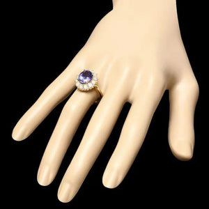 4.00 Carats Natural Tanzanite and Diamond 14K Solid Yellow Gold Ring