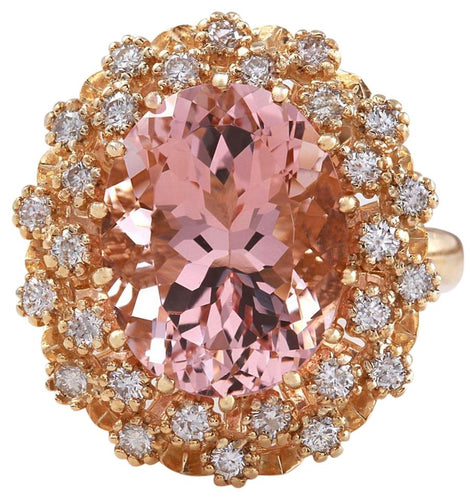 15.30 Carats Exquisite Natural Morganite and Diamond 14K Solid Yellow Gold Ring