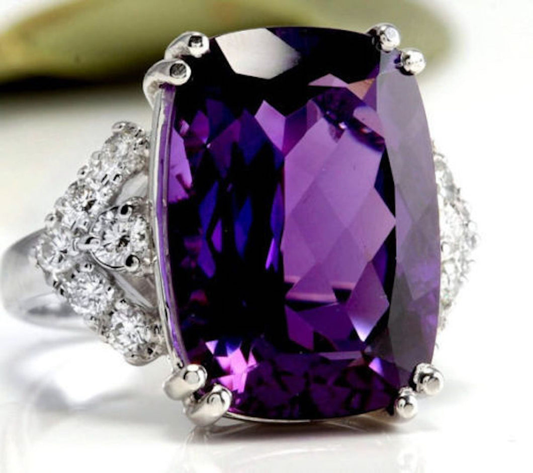 13.80 Carats Natural Amethyst and Diamond 14K Solid White Gold Ring