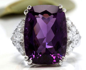 13.80 Carats Natural Amethyst and Diamond 14K Solid White Gold Ring
