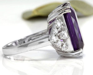 13.80 Carats Natural Amethyst and Diamond 14K Solid White Gold Ring