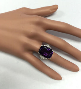 13.80 Carats Natural Amethyst and Diamond 14K Solid White Gold Ring
