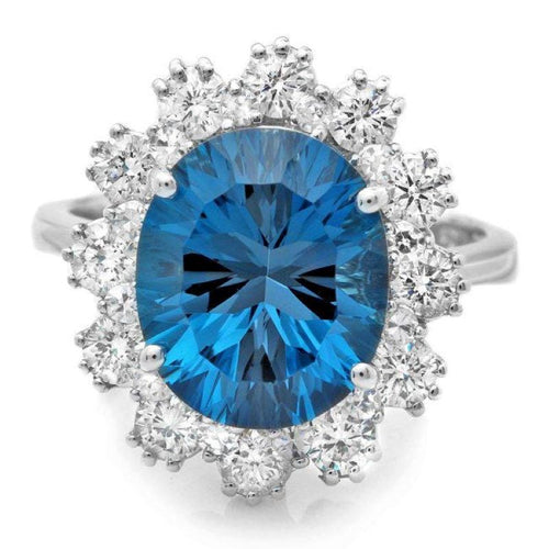 6.20 Carats Natural Blue Topaz and Diamond 14k Solid White Gold Ring