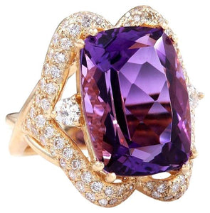 13.50 Carats Natural Amethyst and Diamond 14K Solid Yellow Gold Ring